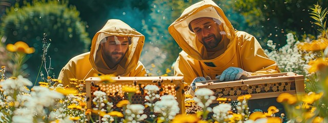 beekeeper in the apiary in a protective suit. Selective focus.