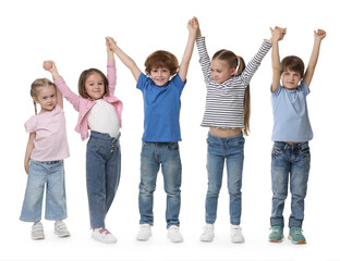 Obraz premium Group of cute children holding hands on white background