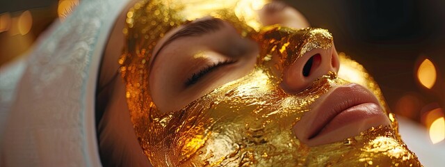 gold mask on a woman's face. Selective focus.
