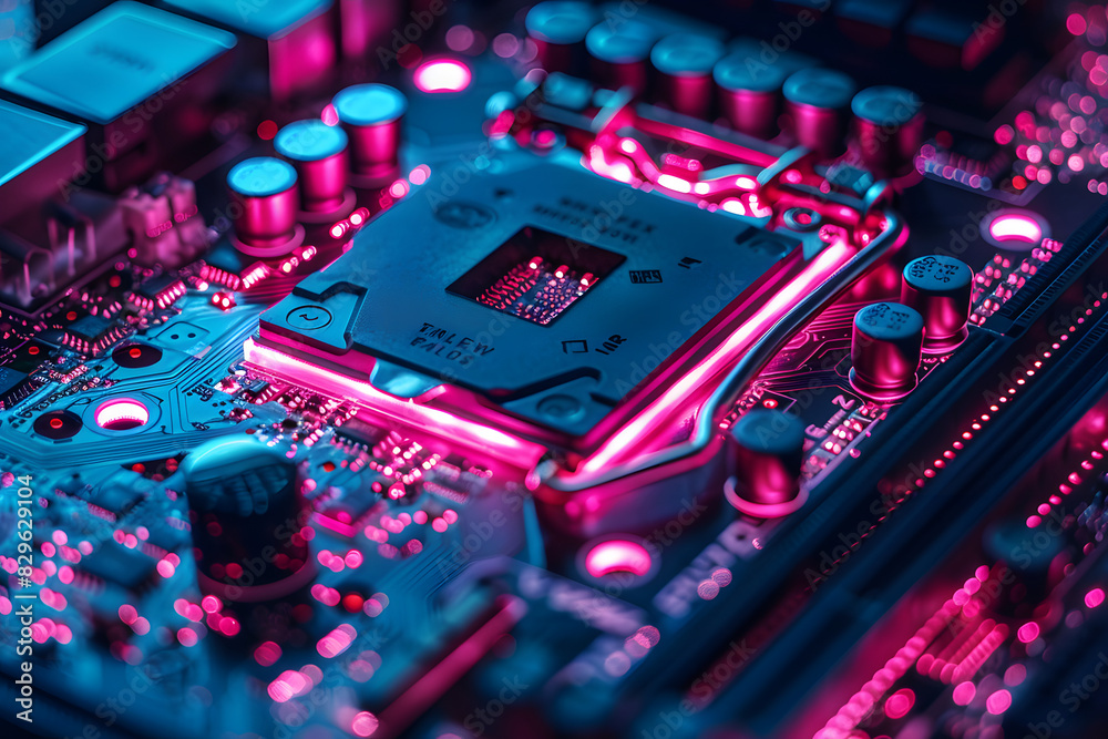 Fototapete A macro image of a processor or a graphic card, technological device storing memory, hardware close-up, neon led lights