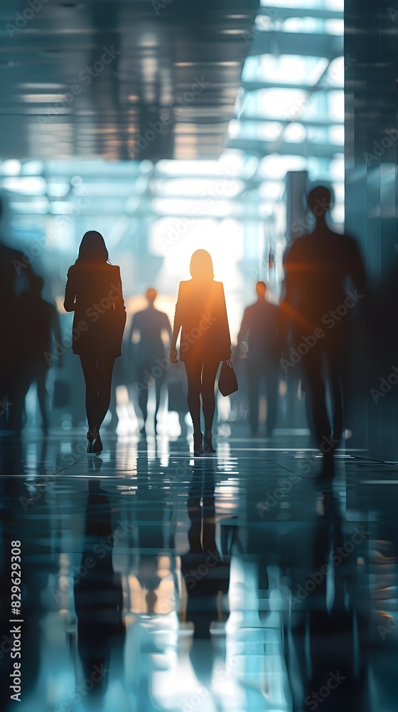 Poster Blurred Silhouettes of Professional Business Employees in a Modern Corporate Office Environment