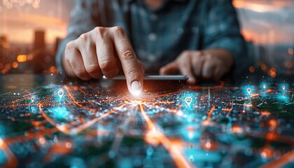 A hand interacts with a glowing digital cityscape, representing modern technology and connectivity.