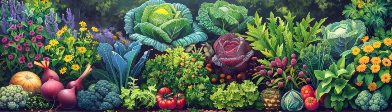 Vibrant vegetable garden with lush greens, colorful veggies, and flowers in full bloom. Organic farming and natural beauty in one frame.