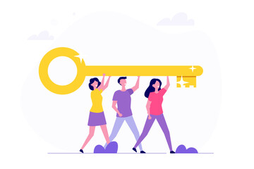 Teamwork holding key, Key to success, team solve problem concept. Vector illustration.