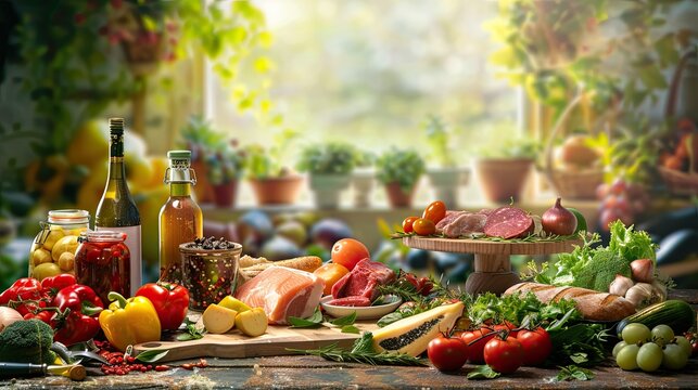 Farm vegetables, meat, fish on the table. Selective focus.