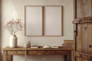 White Mockup poster blank frame on a pastel-colored wall with minimalistic furniture. Beautiful simple AI generated image in 4K, unique.