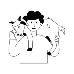 A man carrying goat on his shoulders, concept illustration of animal care