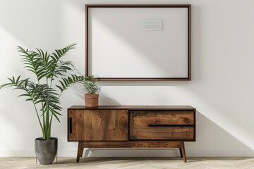 A blank mockup with a wood frame hangs on an off-white wall in a sunlit living room, offering a versatile and customizable space.. Beautiful simple AI generated image in 4K, unique.