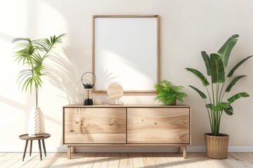 A blank mockup with a wood frame hangs on an off-white wall in a sunlit living room, offering a versatile and customizable space.. Beautiful simple AI generated image in 4K, unique.