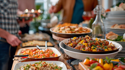 Catering buffet food in restaurant with meat and vegetables