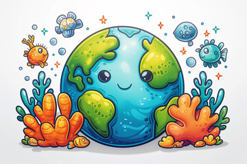 “Happy Earth Surrounded by Cartoon Marine Life”