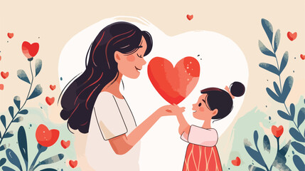 Young woman and child holding red heart on light background