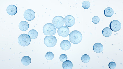 3D rendering of scattered blue fluid bubbles on a white background