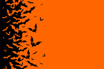 Horizontal Halloween banner with black bats on the orange background. Illustration with a place for text.
