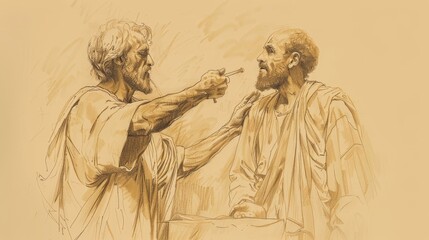 Fototapeta premium Biblical Illustration: Healing of Centurion's Servant, Jesus' Miracle, Faithful Centurion, Beige Background, Copyspace