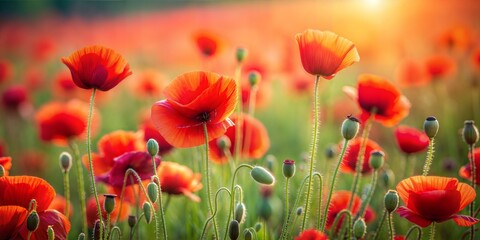 Obraz premium Poppy Field Blur: A red and green blurred background featuring the striking beauty of a poppy field in summer. 
