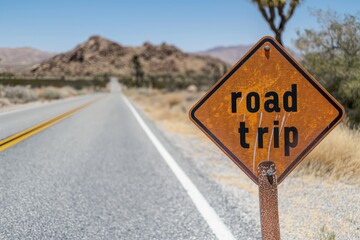 Road Trip Sign on Desert Highway