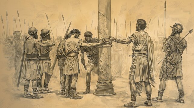 Biblical Illustration: Jesus Scourged at the Pillar, Roman Soldiers, Somber Setting, Beige Background, Copyspace