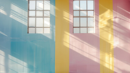 a retro interior wall background, with vertical stripes in pastel blue, yellow, and pink. Two large windows with frosted glass panes cast soft shadows on the wall and floor
