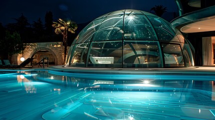 A pool with a futuristic glass dome, allowing stargazing while swimming at night