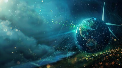 Obraz premium A digital rendering of Earth with green energy symbols like wind turbines and solar panels, green Planet, dynamic and dramatic compositions, with copy space