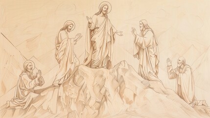 Fototapeta premium Biblical Illustration: Transfiguration of Jesus, Mountaintop Scene, Moses and Elijah, Disciples in Awe, Beige Background, Copyspace