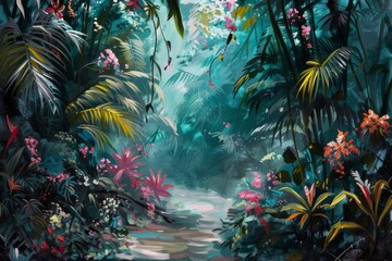 Obraz premium Forest scenery with colorful flowers and plants. Landscape in the forest with colorful plants.