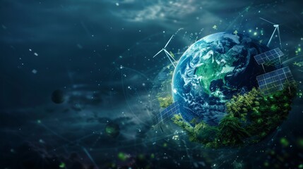 A digital rendering of Earth with green energy symbols like wind turbines and solar panels, green Planet, dynamic and dramatic compositions, with copy space