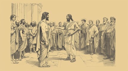 Biblical Illustration: Jesus on Trial Before Pilate, Angry Crowd, Demand for Crucifixion, Beige Background, Copyspace