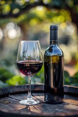 Elegant Red Wine and Glass on Wooden Barrel