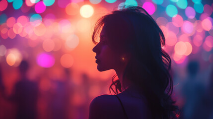 Image of people dancing in a nightclub with colorful lights and bokeh effect in the background.