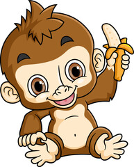 The monkey on a white background eats a banana
