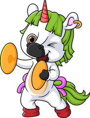 Cute cartoon unicorn playing cymbals