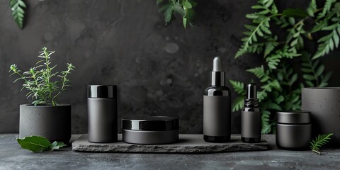 Fototapeta premium Cosmetic products, black and white packaging, minimalist, dark slate background, few plants, contrast photo of stock, place of the text aspect ratio 2:1