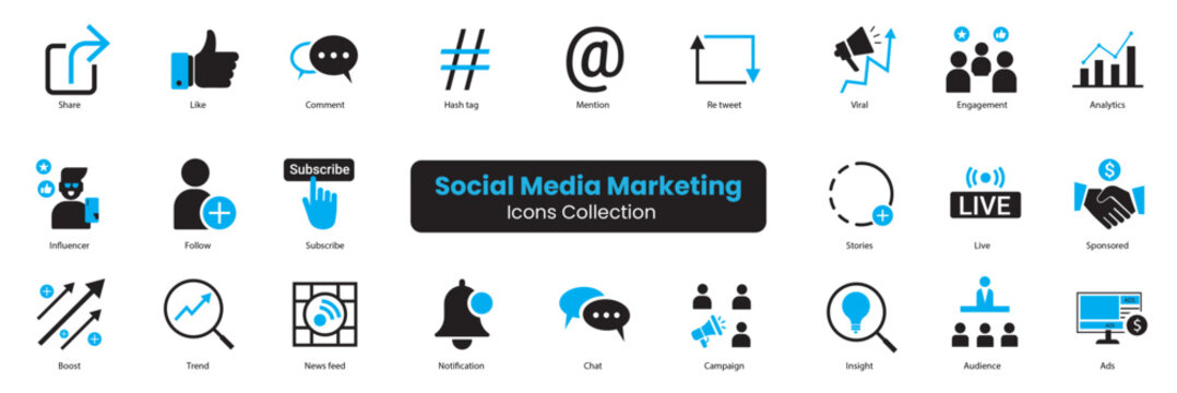 social media marketing icon set. Share, Like, Comment, Hashtag, Mention, Retweet, Viral, Engagement, Analytics, Influencer,
