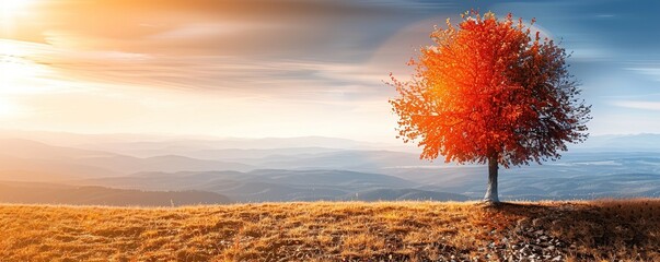 A lone tree with fiery red leaves stands on a grassy hilltop, bathed in the warm glow of the setting sun.