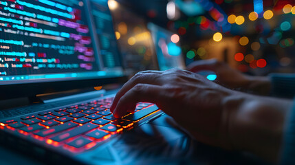Programmer working on their professional development types on a laptop computer keyboard. Coding Language User Interface on Screens