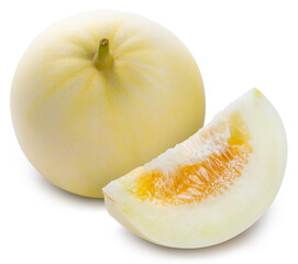 Sweet White Melon isolated on white background, Fresh Chinese Melon fruit  on White Background with work path.