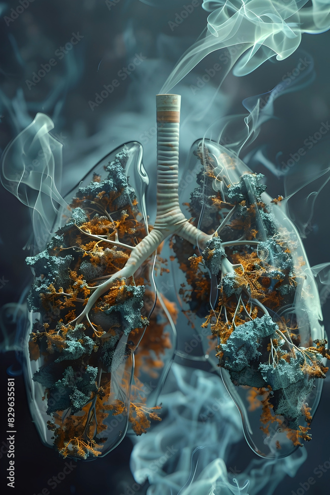 Sticker Detailed 3D Rendering of Smoker's Damaged Lungs:A Cautionary Health