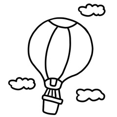 Hand drawn balloon in the sky outline for travel, trip, vacation, journey, transportation, sticker, holidays, logo, icon, activity, vehicle, plush toy, doll, cute patches, adventure, colouring book