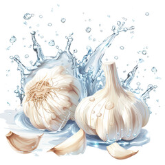 Fresh garlic with water splash, isolated on transparent background, perfect for promoting healthy eating and lifestyle.