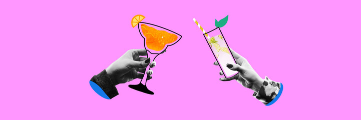 Cheers. Hands clinking glasses with cocktails against pink background. Banner. Creative colorful design. Concept of alcohol drink, party, celebration, leisure. Copy space for ad