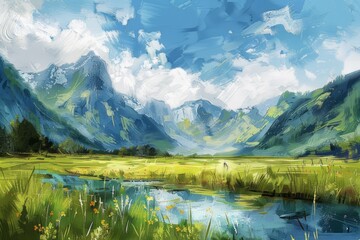 Fototapeta premium Oil painting of green plains and river with mountains and blue sky. Mountain scenery in watercolor painting.
