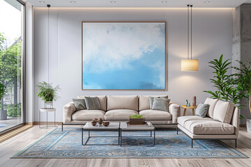 Living room wall poster mockup. Interior mockup with house background. Modern interior design. 3D render.