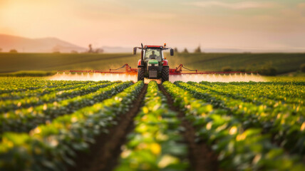 Fototapeta premium Tractor spraying pesticides in morning on soybean field