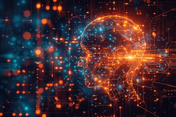 Obraz premium Digital illustration of a human head outline with a neural network pattern, representing AI and technology
