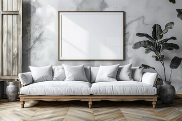 Mock up of poster frame in wooden floor modern interior behind of couch in living room isolated on bright background, 3D render, 3D illustration.