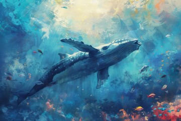 Fototapeta premium An oil painting of a whale. A painting of a whale from a lower angle with sunlight penetrating the sea from above.