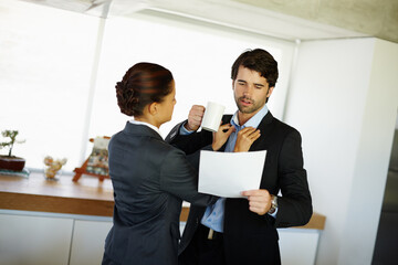 Happy, man and woman helping with jacket for husband in kitchen with cue card for business meeting....