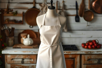 A white dress displayed on a mannequin in a kitchen setting. Mockup template for design print